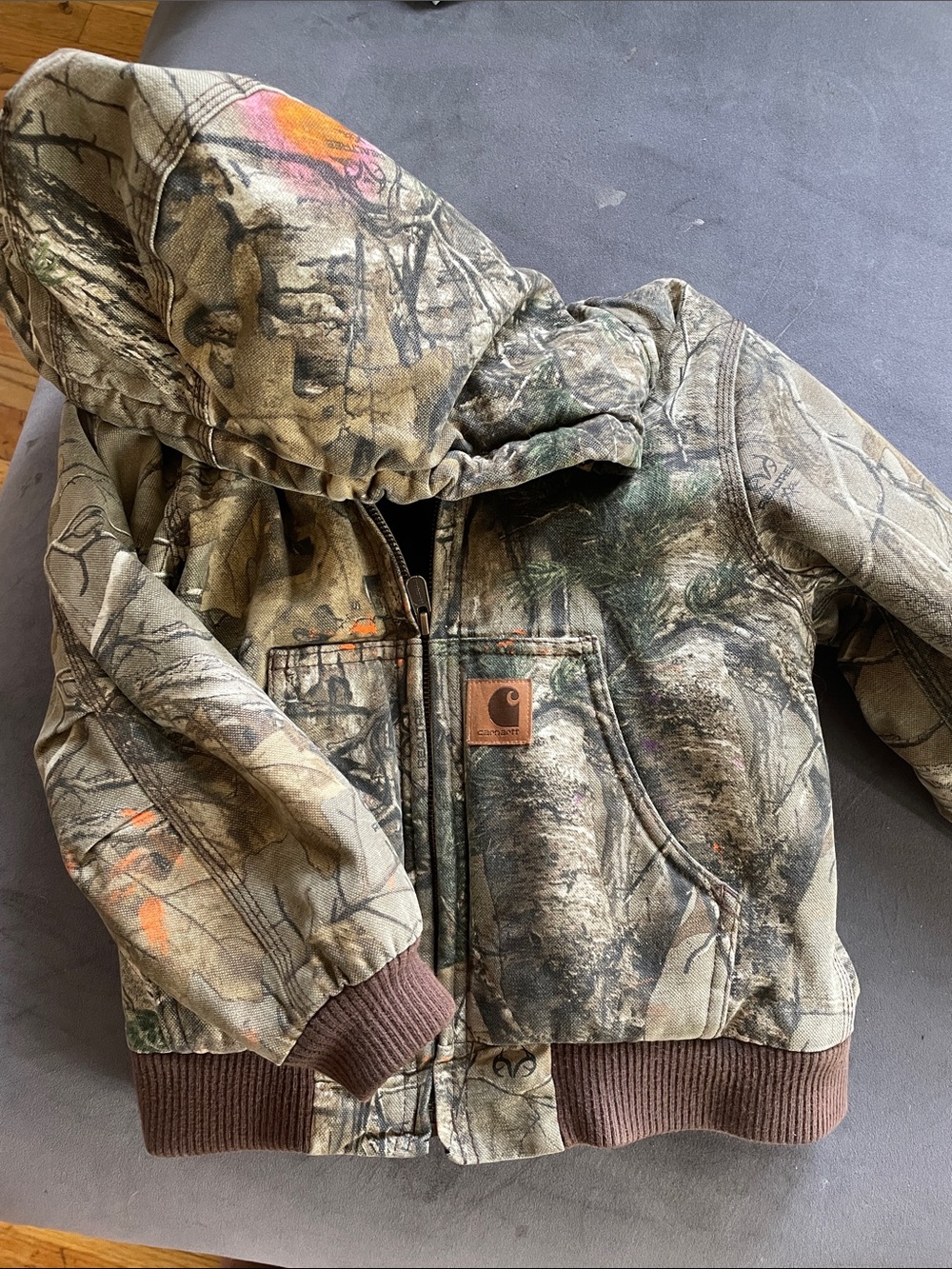 Carhartt Kids' Camo Hooded Puffer Jacket with Orange Accent